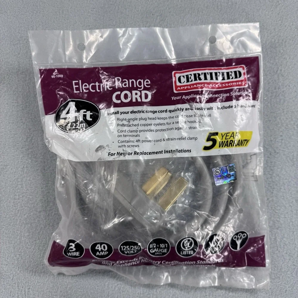 NIB Certified Appliance 40-Amp, 3-Prong Range Power Cord, 4Ft (Closed Loop) Oven